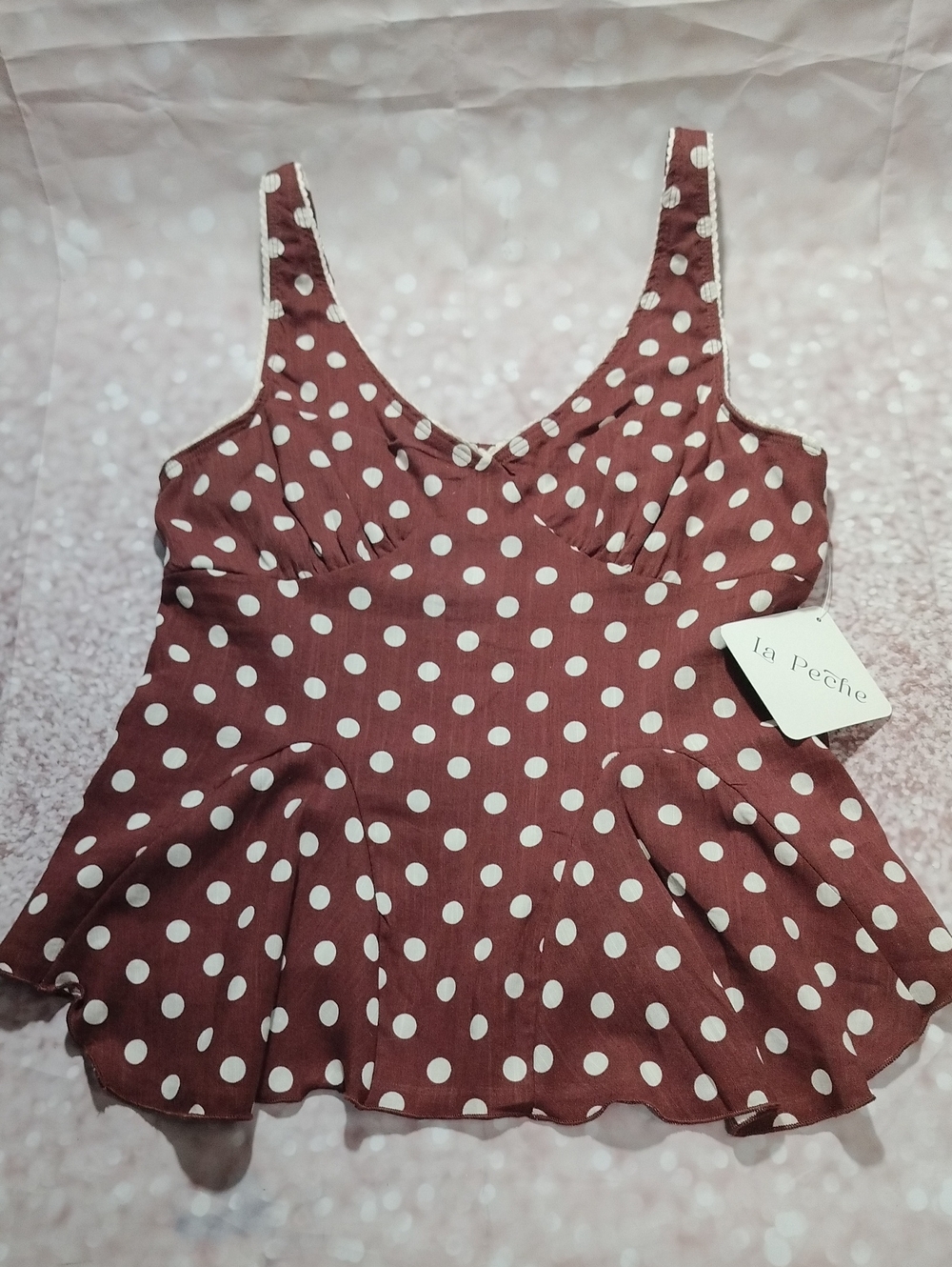 La Pêche Polka Dot Peplum Tank -Cream/Biege on Brown NWT